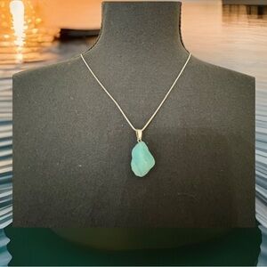 Blue raw stone necklace, Silver Chain